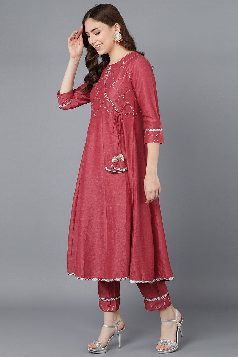 Women Red Poly Silk Embroidered Kurta Trousers With Dupatta | SHOBITAM