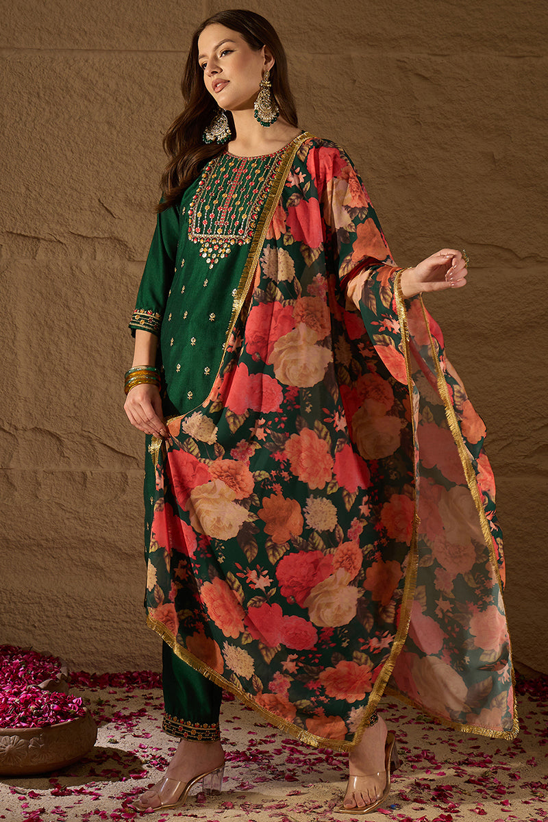 Green Silk Blend Embroidered Kurta Pant With Dupatta