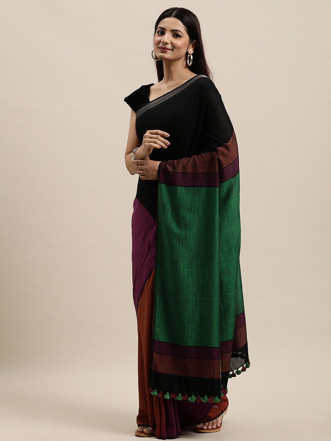 Colour block Cotton Saree with pompoms | Shobitam