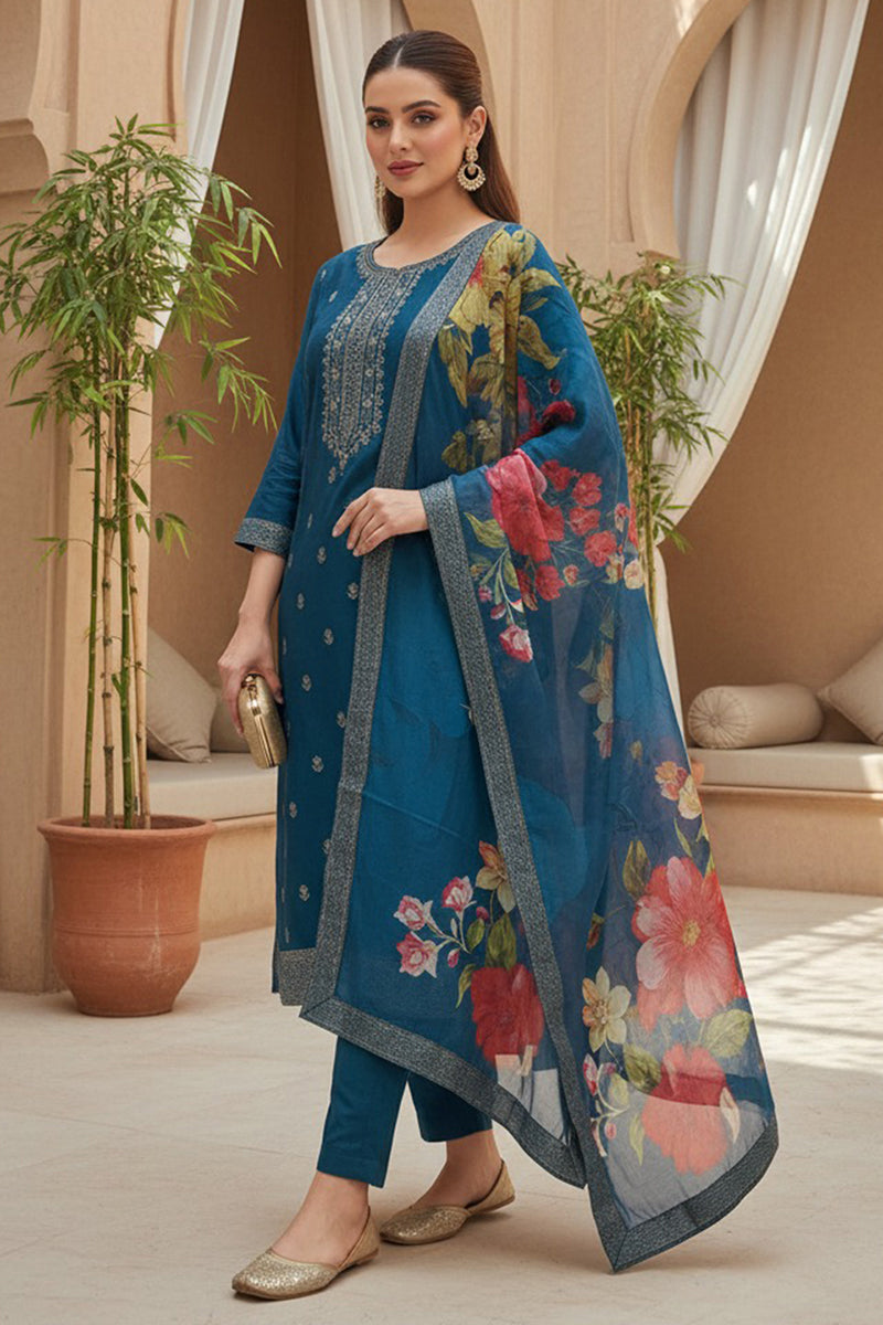 Blue Silk Blend Ethnic Motifs Stoning Straight Kurta Trouser with Dupatta | SHOBITAM