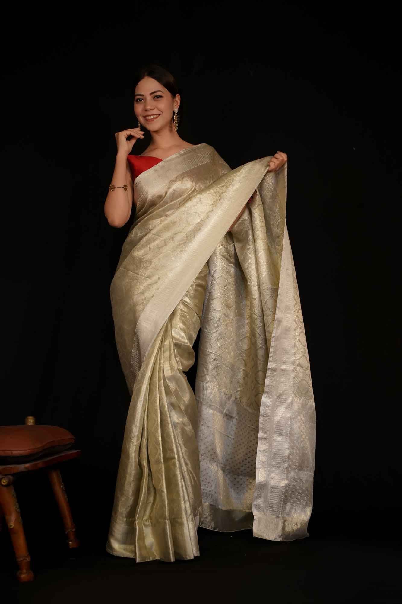 Nayanthara Inspired Off White Tissue Silk Zari Border Wrap in 1 Minute Saree