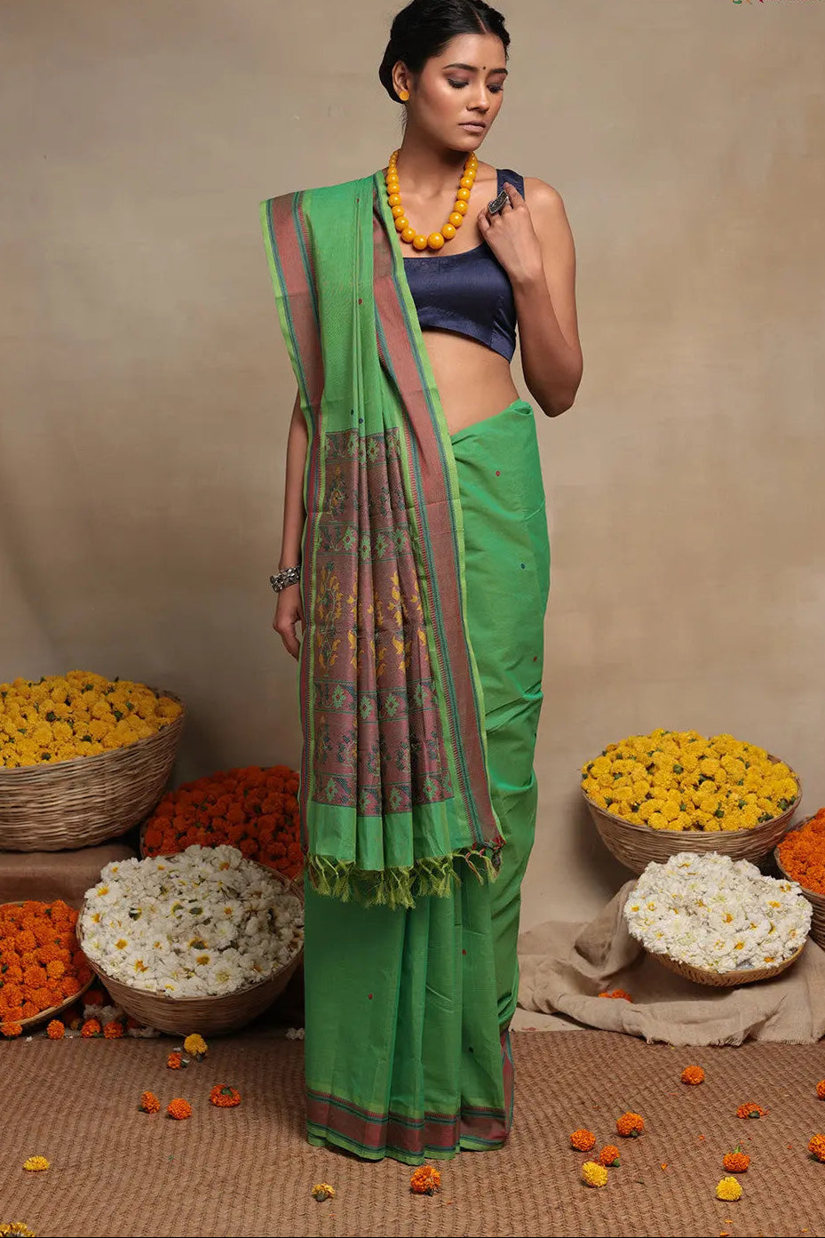 Emerald Green Pure Cotton Saree | Shobitam