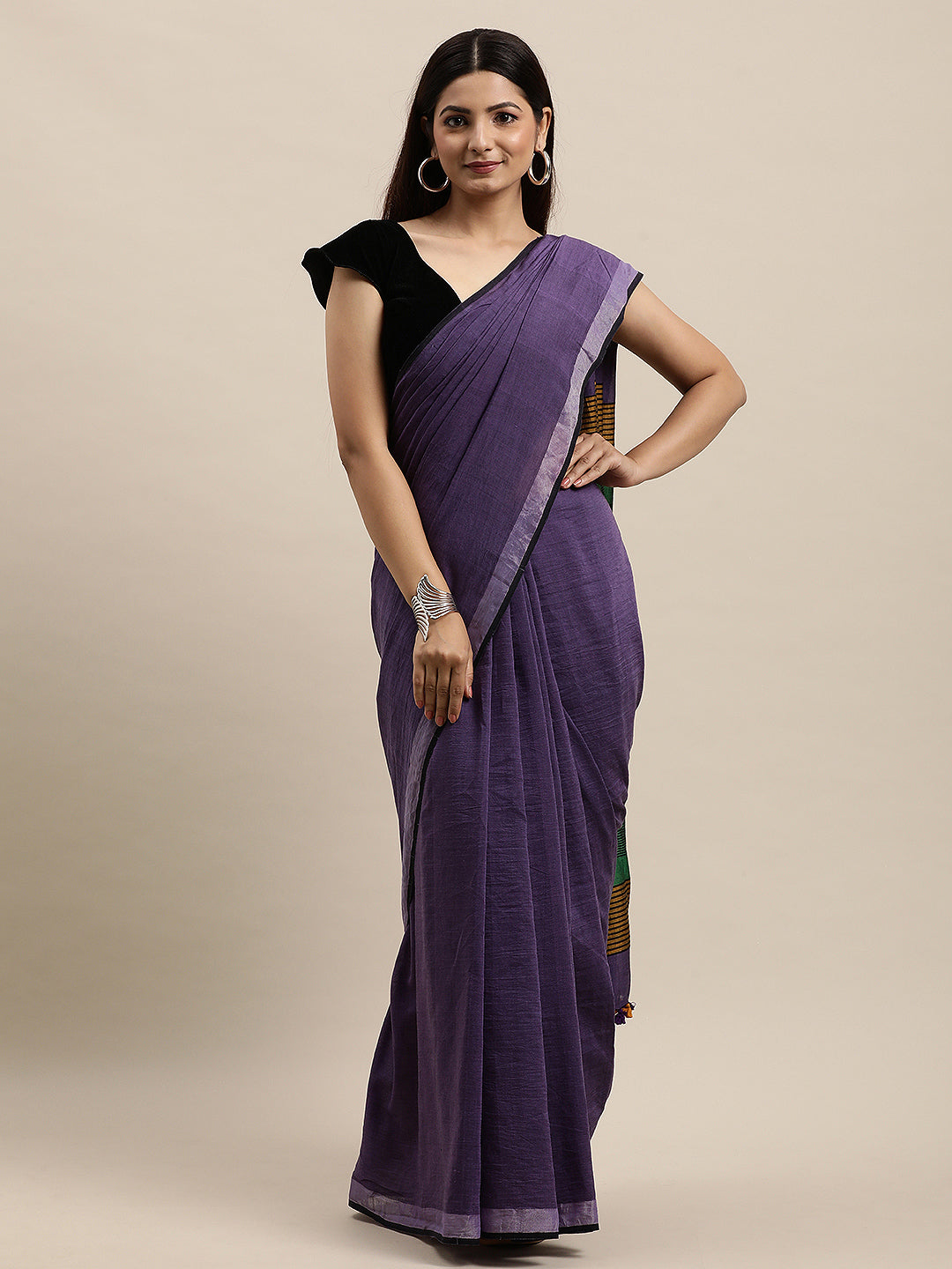 Purple Green Colour Block Cotton Saree with pompoms | Shobitam