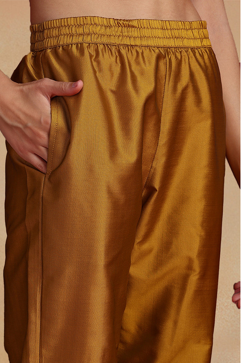 Mustard Yellow Silk Blend Ethnic Motifs Woven Design Straight Suit Set | SHOBITAM
