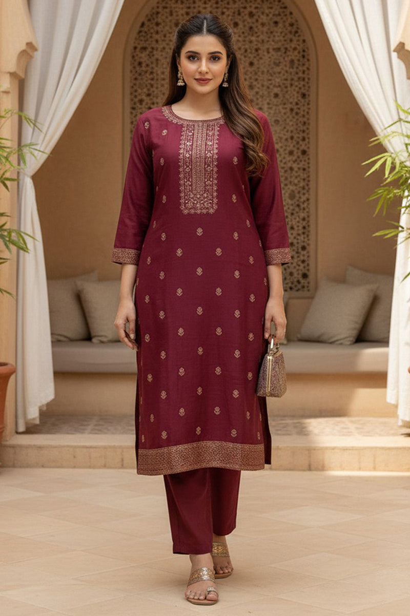 Maroon Silk Blend Ethnic Motifs Stoning Straight Kurta Trouser with Dupatta | SHOBITAM