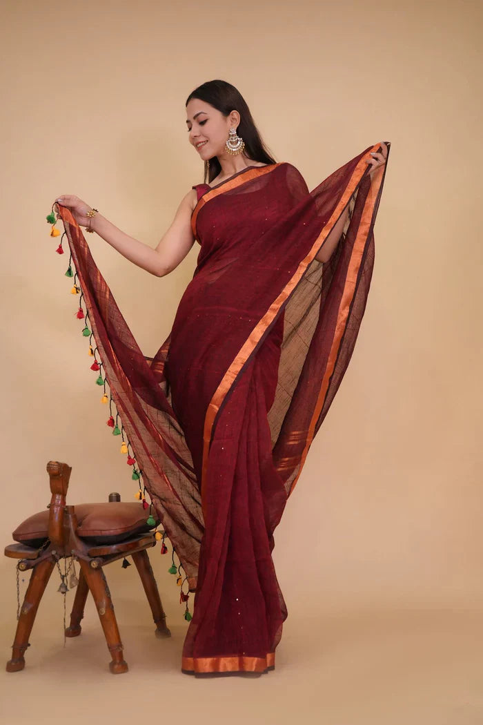 Maroon Handloom Cotton Linen Interwoven Sequins with Tassels In Pallu Ready To Wear Saree