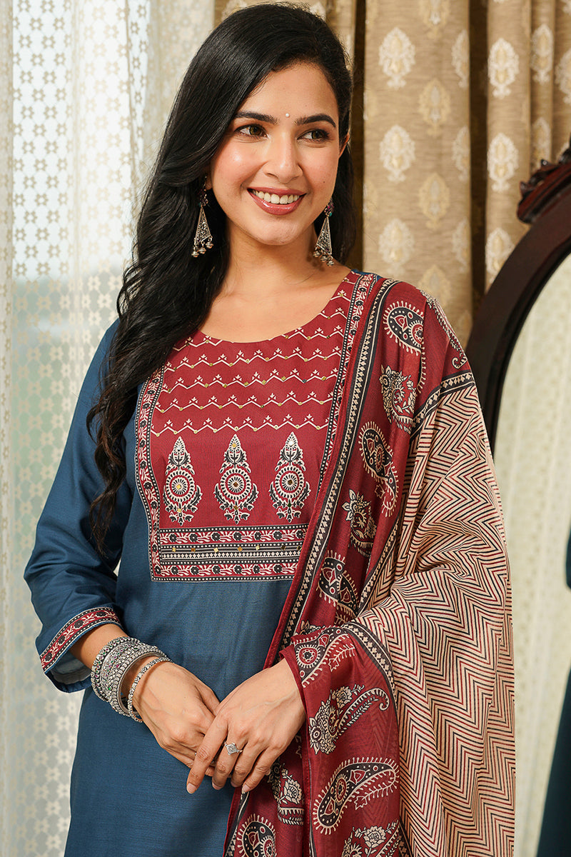 Blue Cotton Blend Ajrakh Printed Straight Kurta Trousers With Dupatta | SHOBITAM