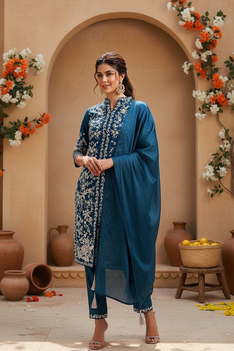 Teal Blue Silk Blend Solid Embroidered Straight Suit Set | SHOBITAM