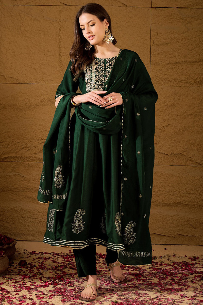 Green Silk Blend Embroidered Anarkali Suit Set | SHOBITAM