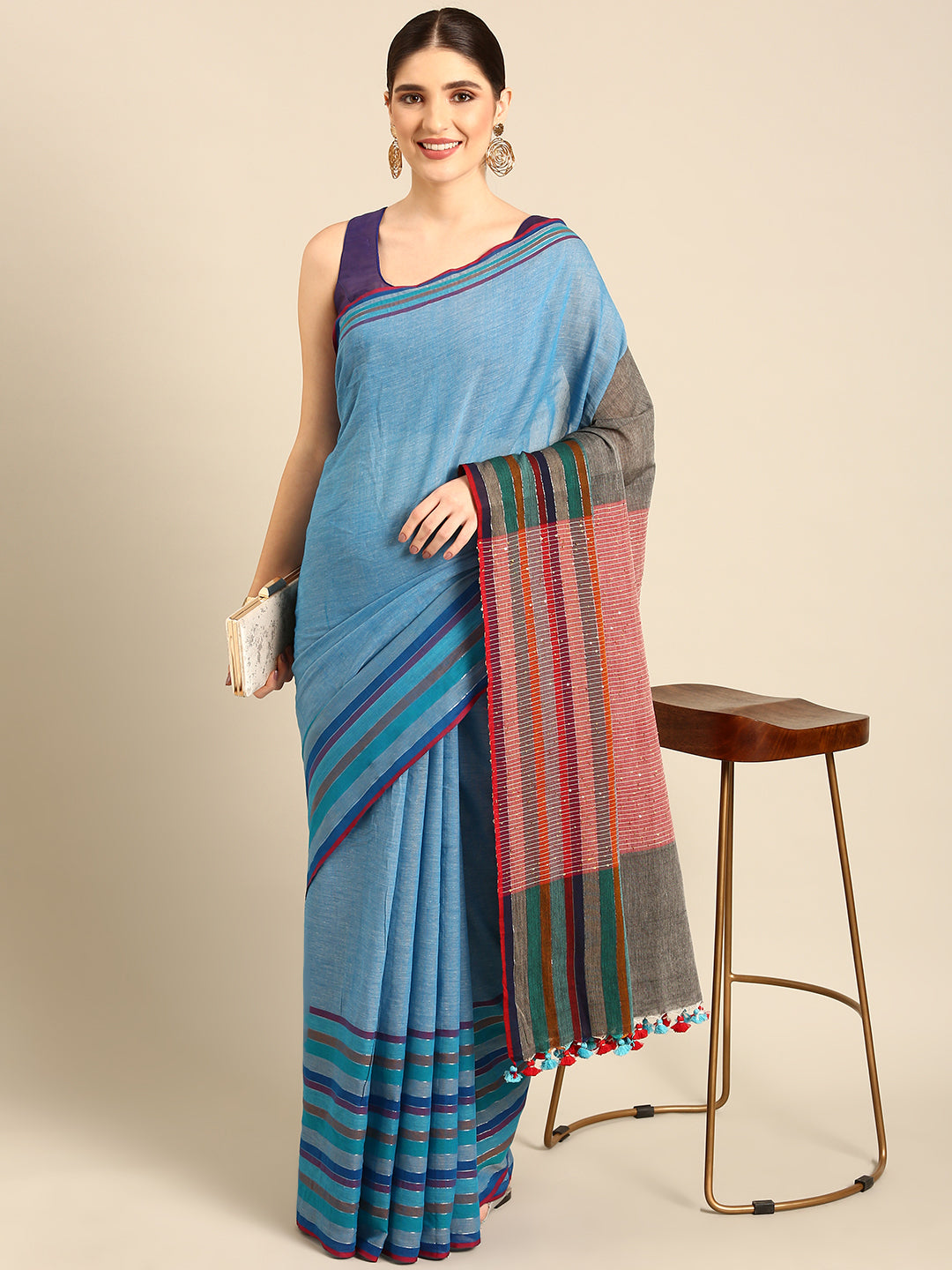 Blue Sequins Cotton Handloom Saree