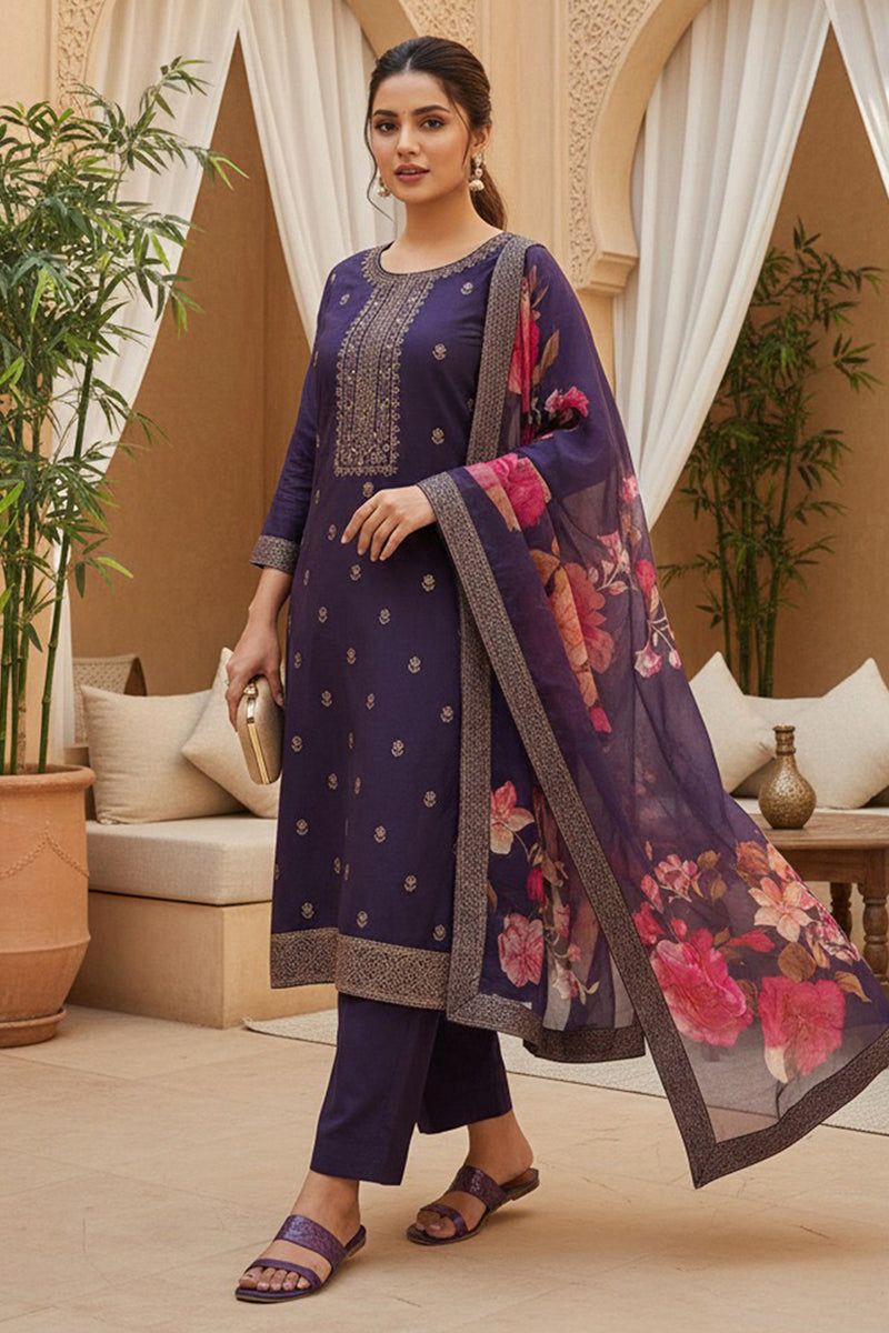 Purple Silk Blend Ethnic Motifs Stoning Straight Kurta Trouser with Dupatta | SHOBITAM