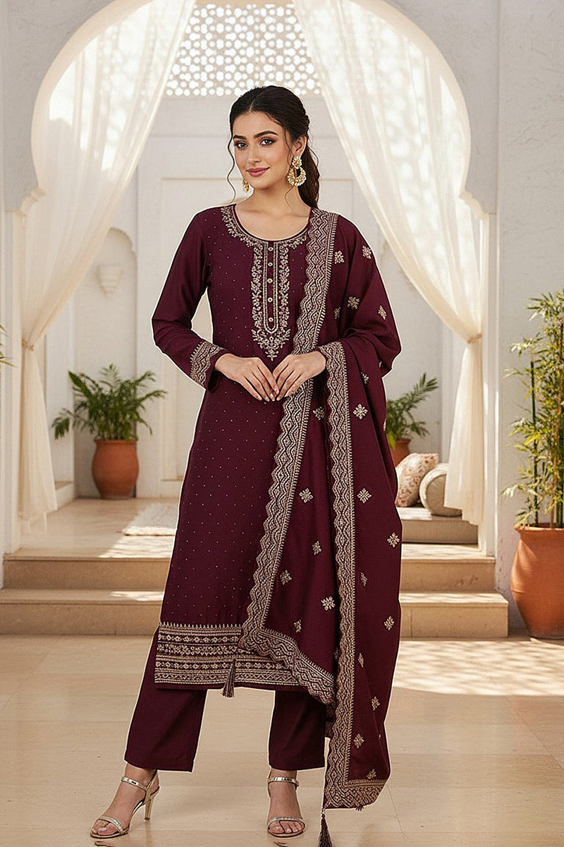 Burgundy Silk Blend Solid Straight Kurta Trousers With Dupatta | SHOBITAM