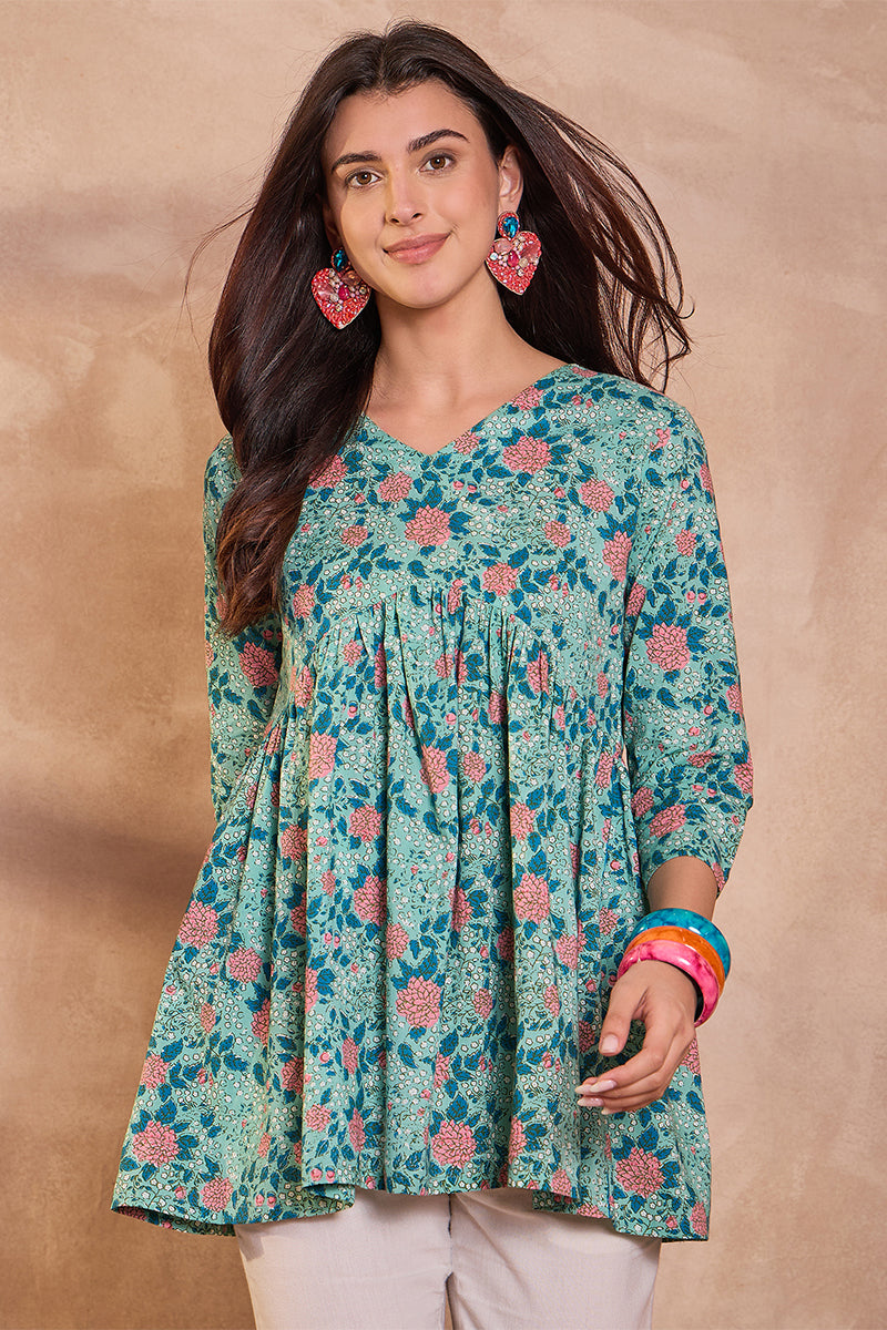 Cotton Blend Blue Floral Regular Tops | SHOBITAM