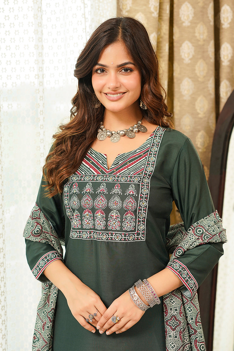 Green Cotton Blend Ajrakh Printed Straight Kurta Trousers With Dupatta | SHOBITAM