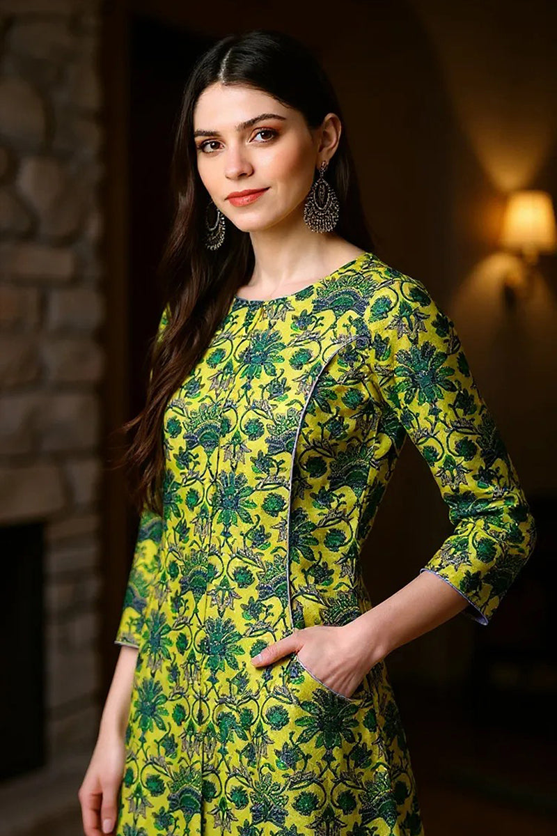 Women Cotton Printed Simple Function Wear Green Kurti | SHOBITAM