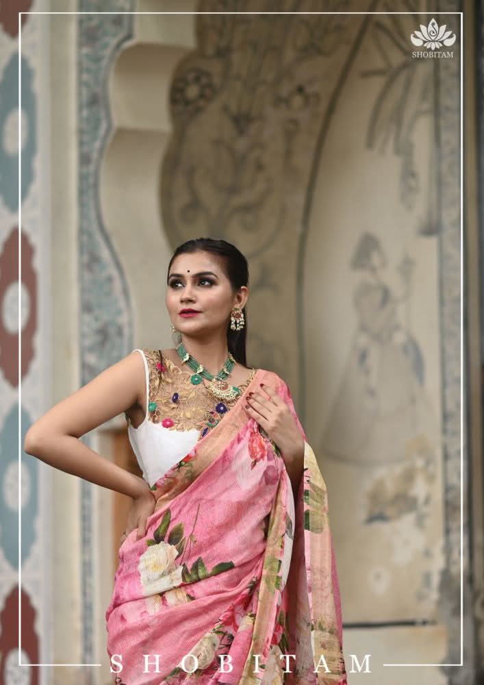 Pink Pure Linen Saree with Floral Digital Print | Shobitam