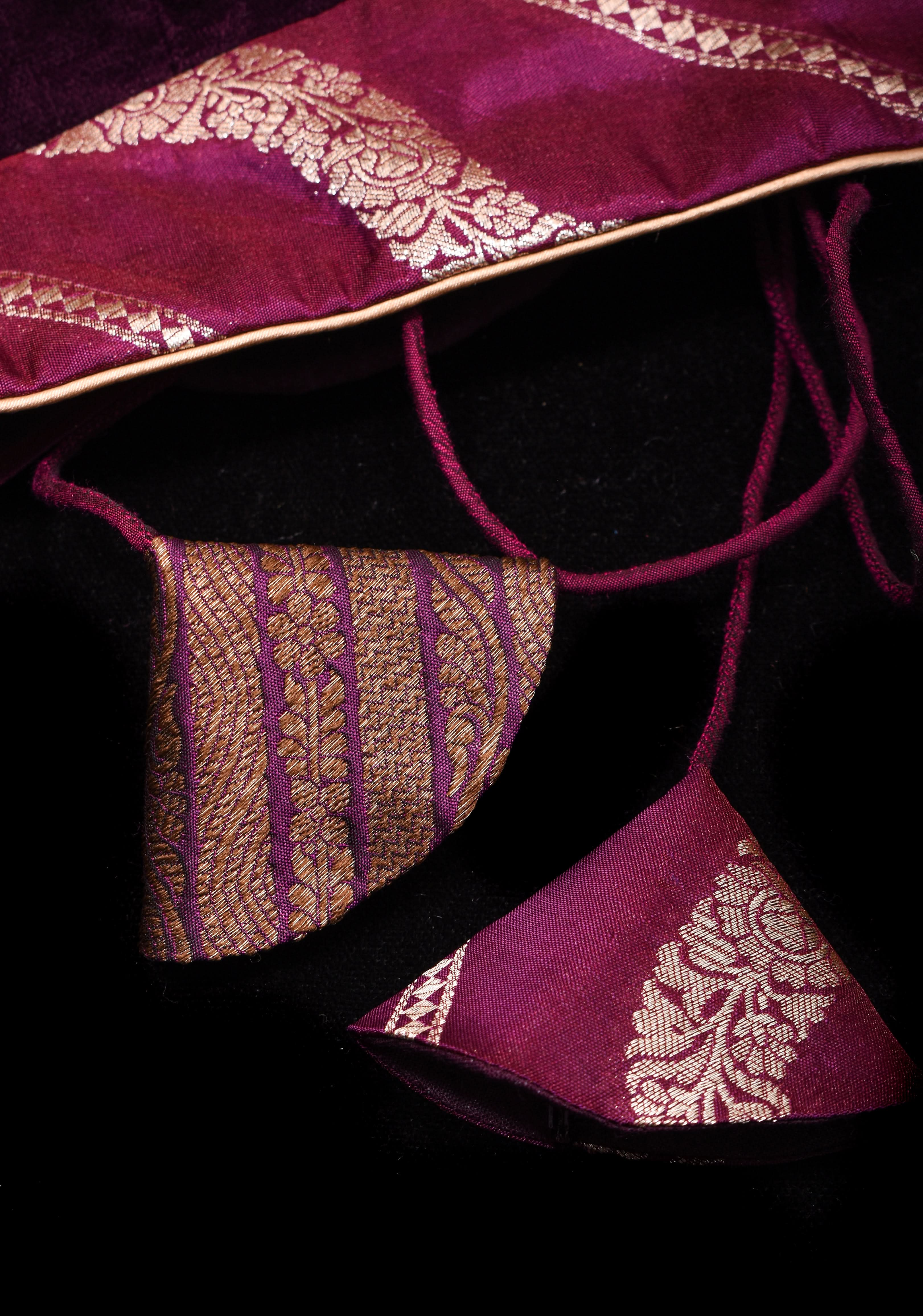Plum Velvet and Brocade blouse with Boat neck and double tie up tassel at the back | Shobitam