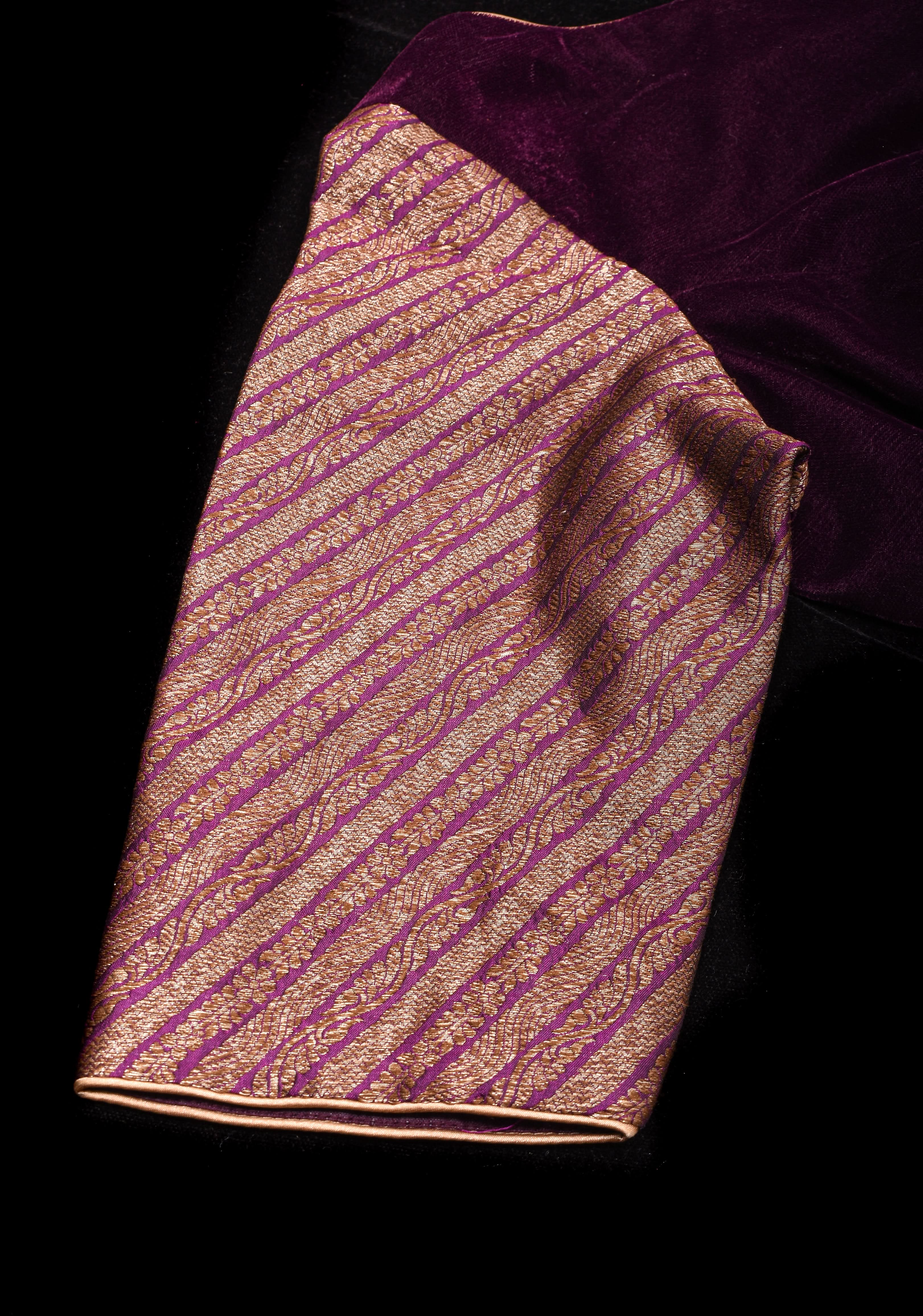 Plum Velvet and Brocade blouse with Boat neck and double tie up tassel at the back | Shobitam