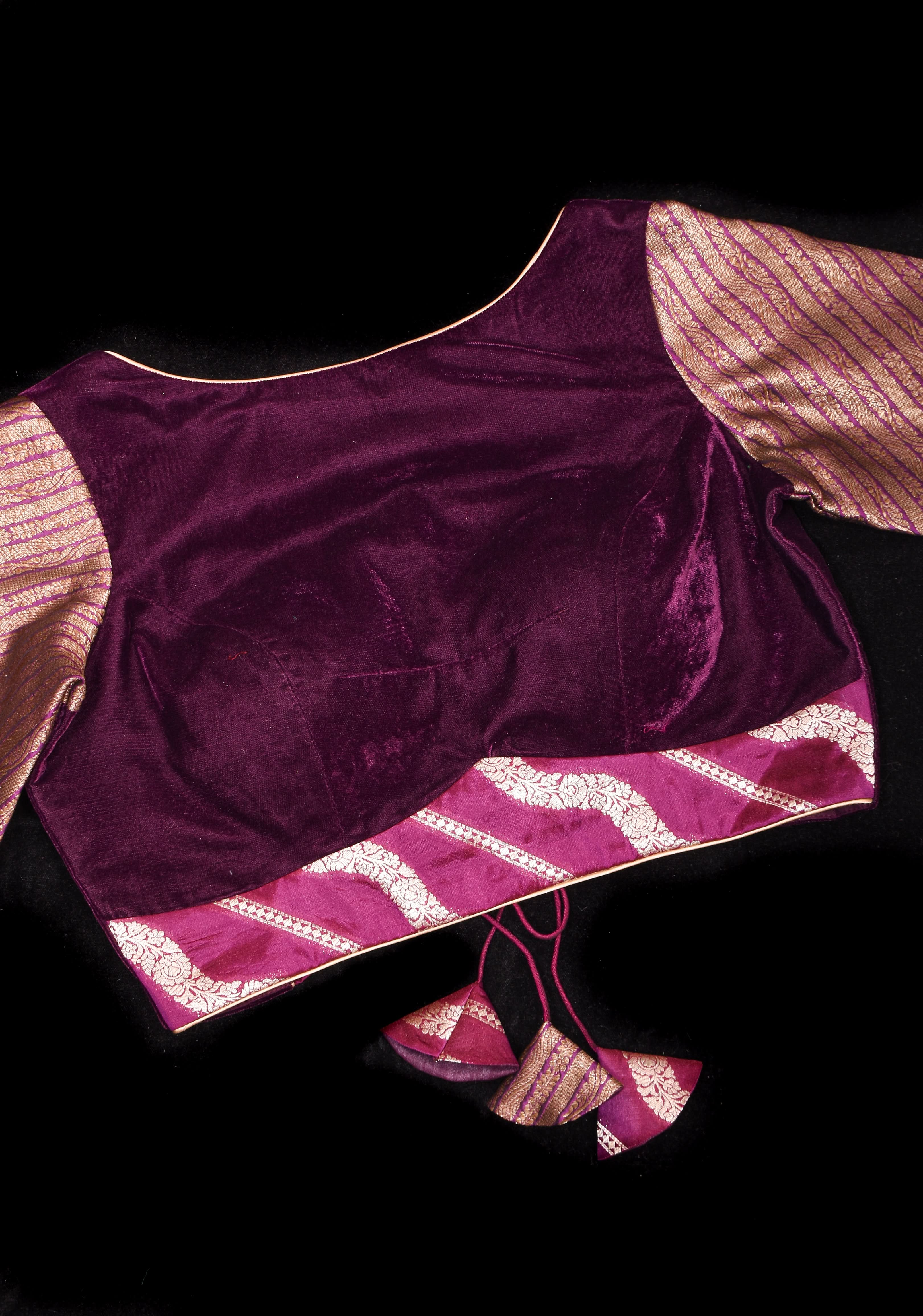 Plum Velvet and Brocade blouse with Boat neck and double tie up tassel at the back | Shobitam
