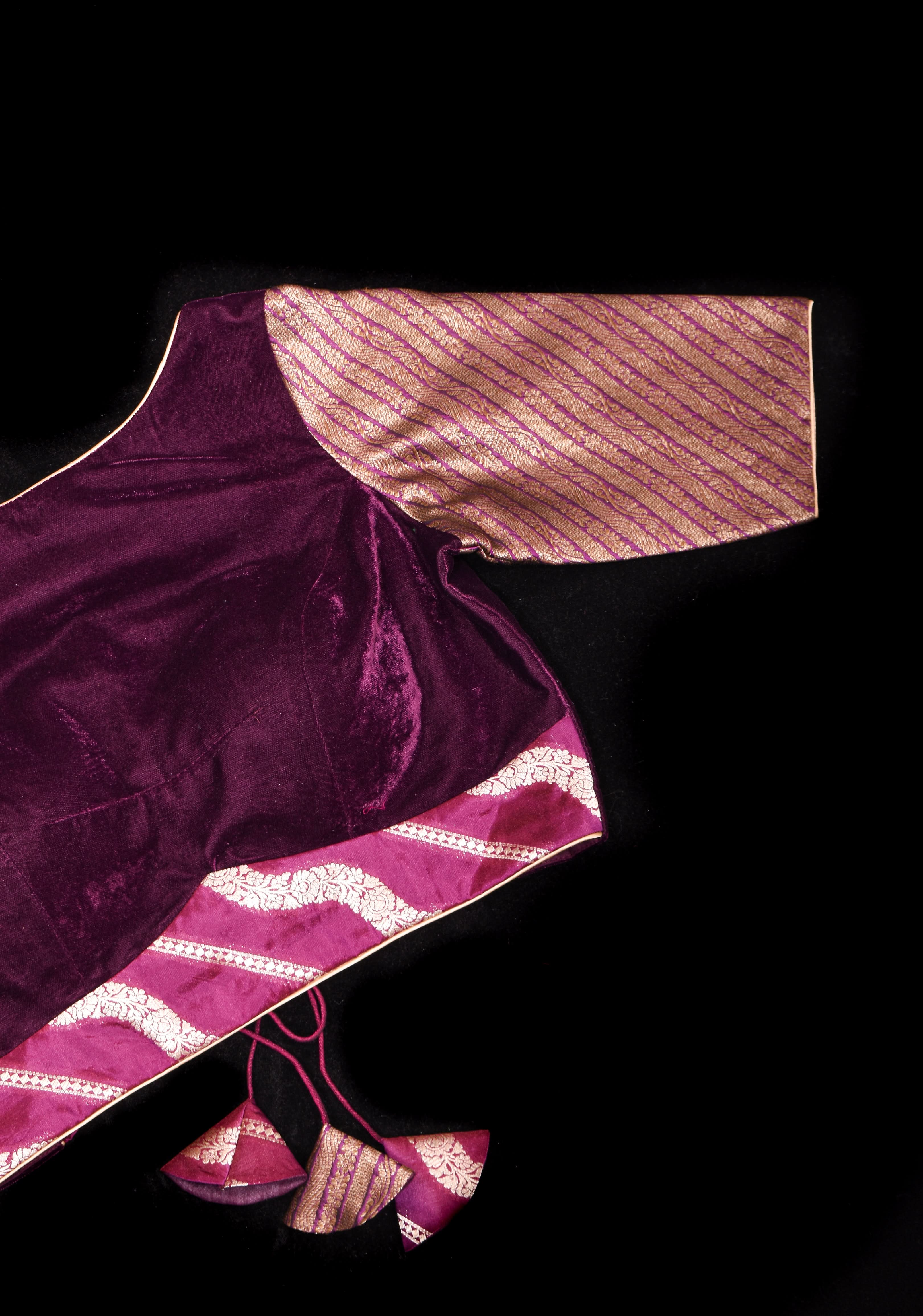 Plum Velvet and Brocade blouse with Boat neck and double tie up tassel at the back | Shobitam