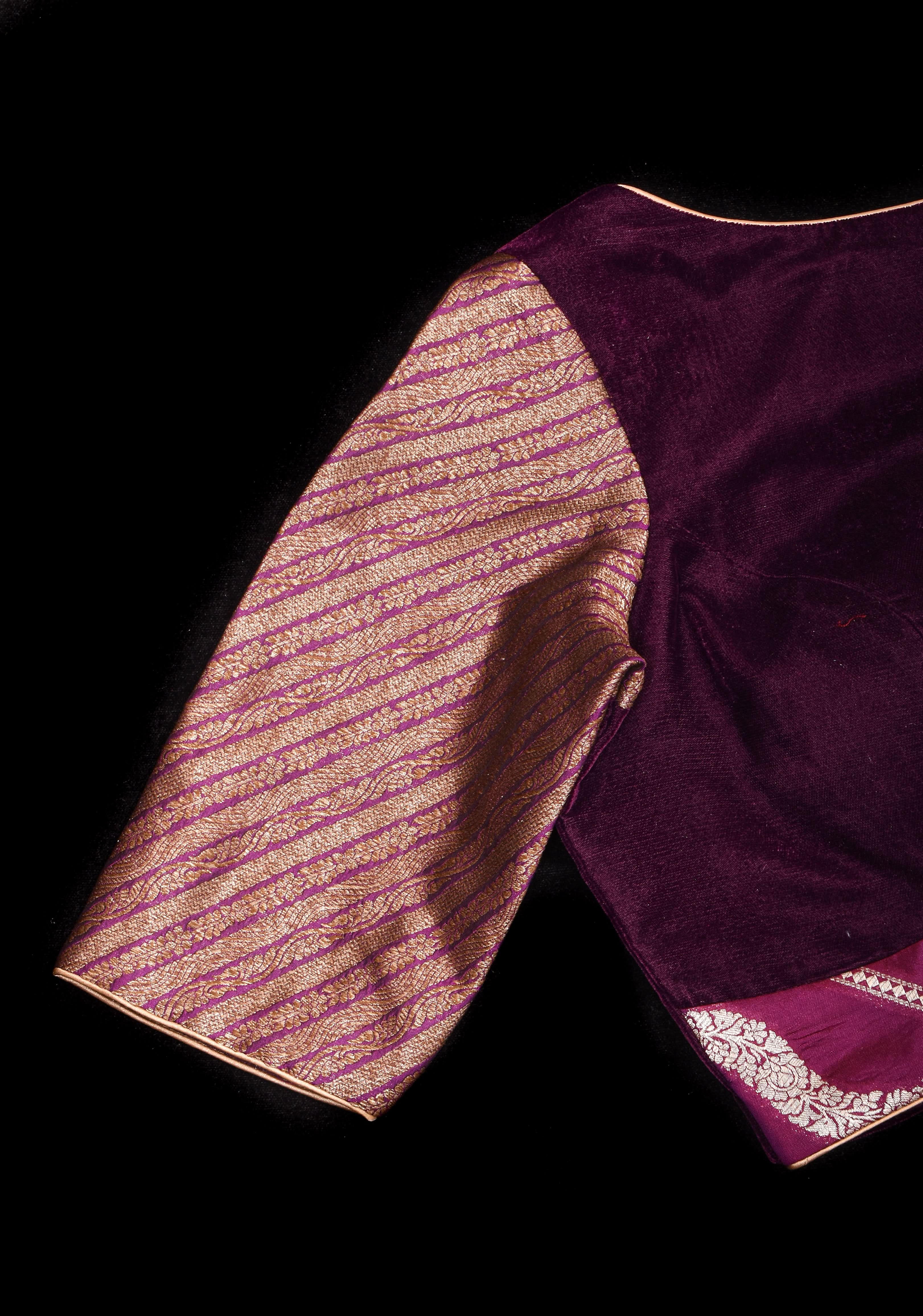 Plum Velvet and Brocade blouse with Boat neck and double tie up tassel at the back | Shobitam