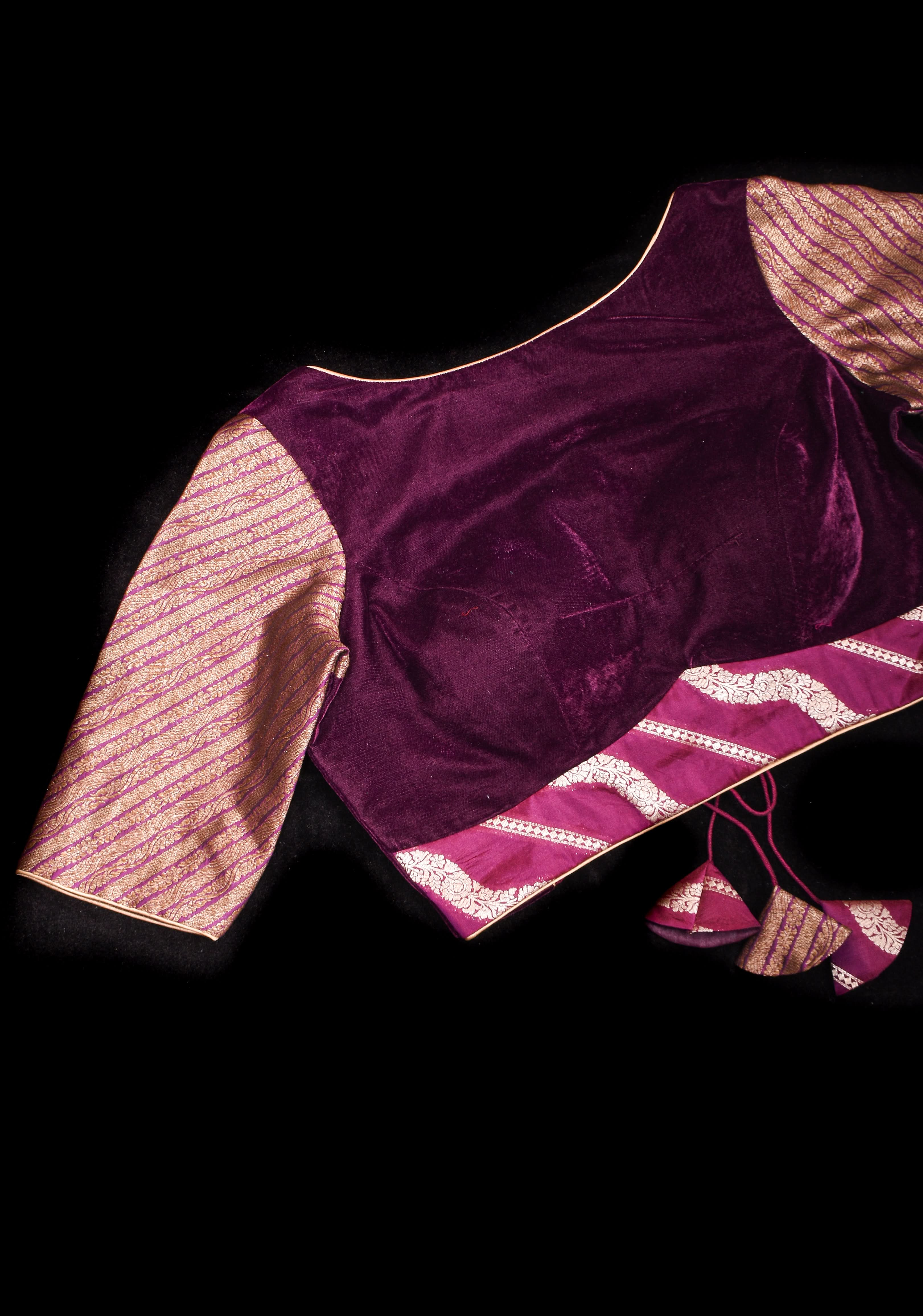 Plum Velvet and Brocade blouse with Boat neck and double tie up tassel at the back | Shobitam