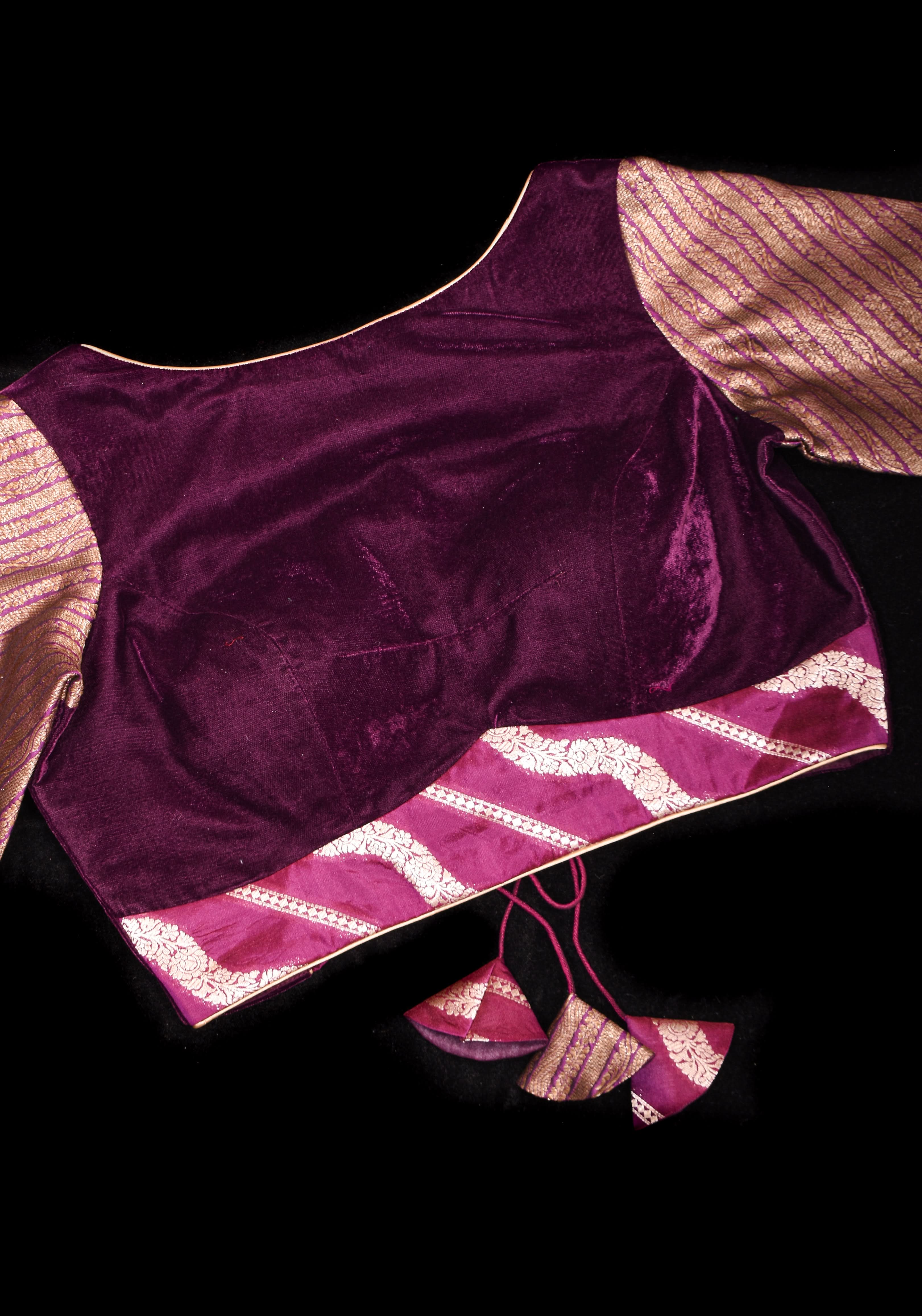 Plum Velvet and Brocade blouse with Boat neck and double tie up tassel at the back | Shobitam