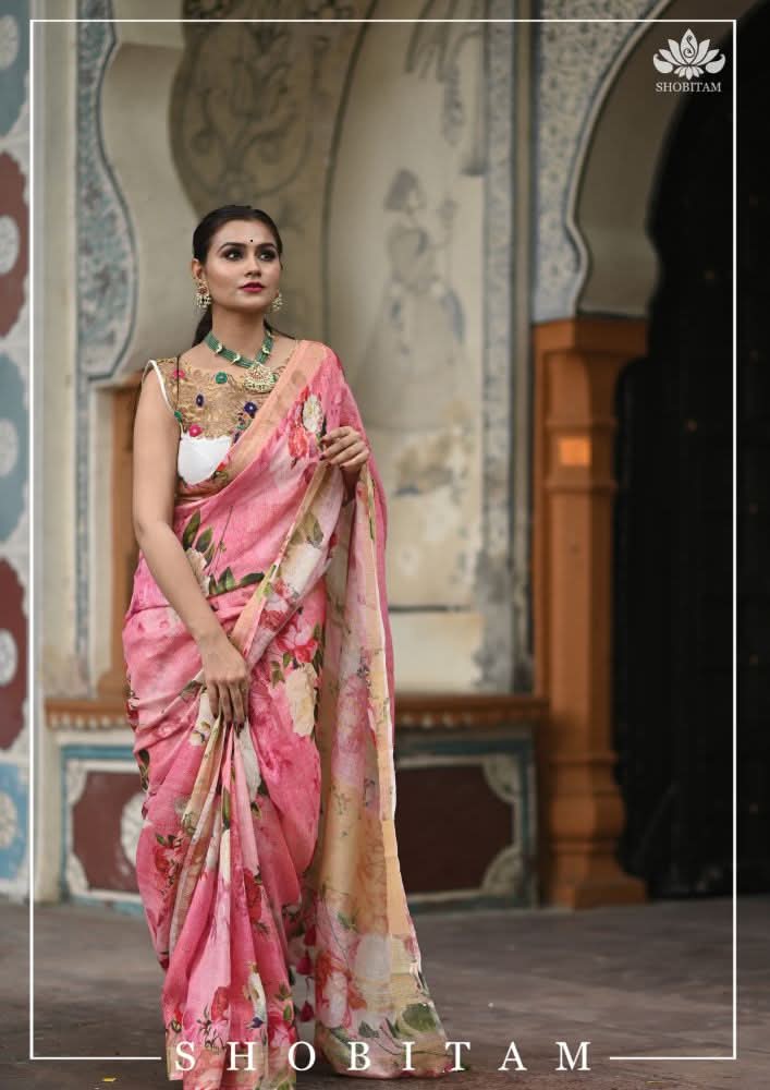 Pink Pure Linen Saree with Floral Digital Print | Shobitam