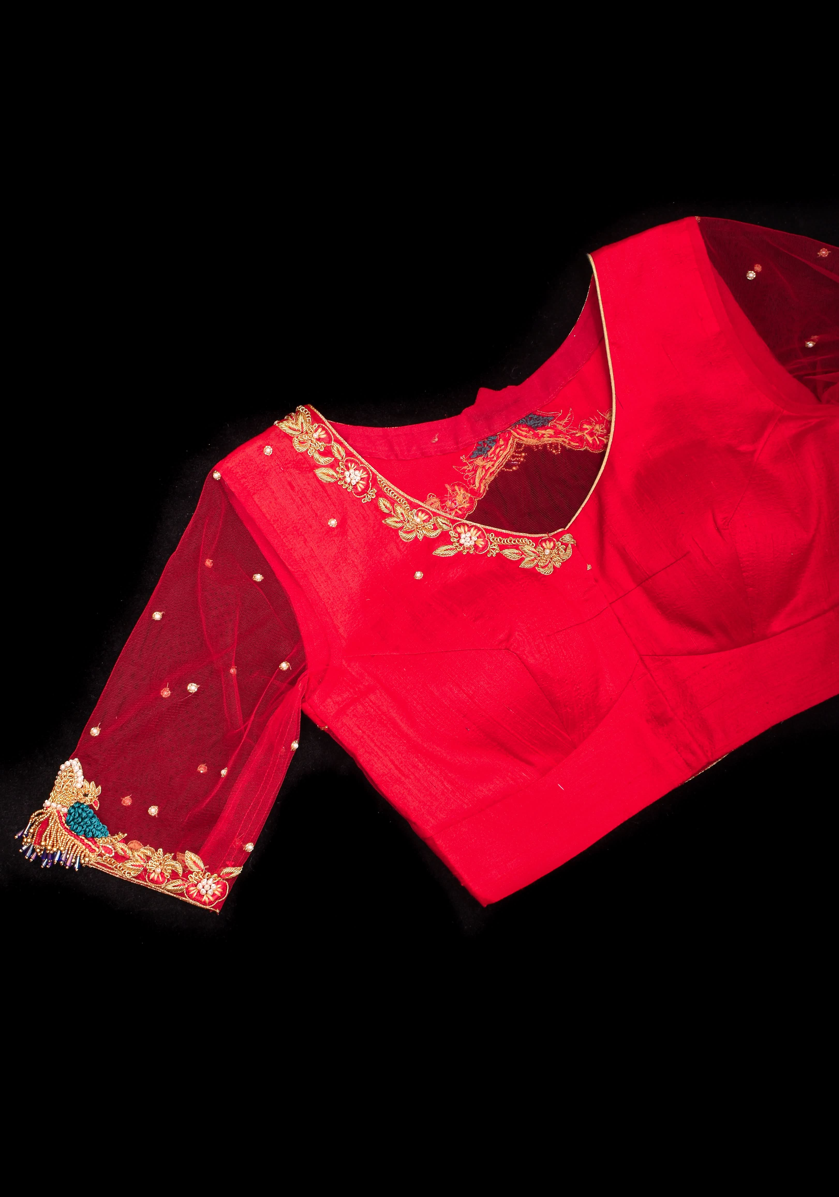 Red Pure Raw silk with Zardosi handwork Peacock design on Net Back and Sleeves | Shobitam