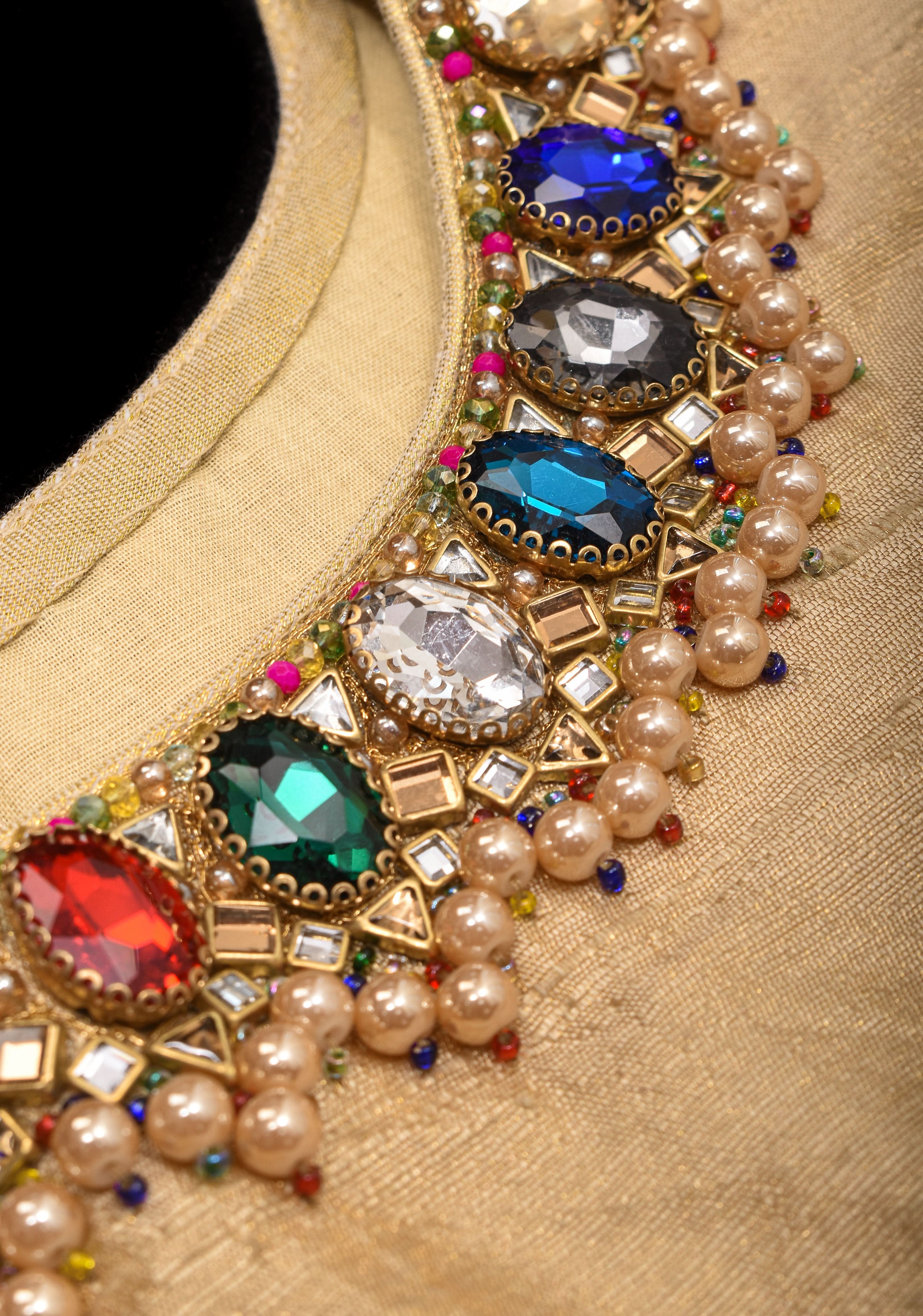 Multicolor Necklace and bajuband handwork detailing on Sandal Pure Tissue Raw Silk Blouse | Shobitam