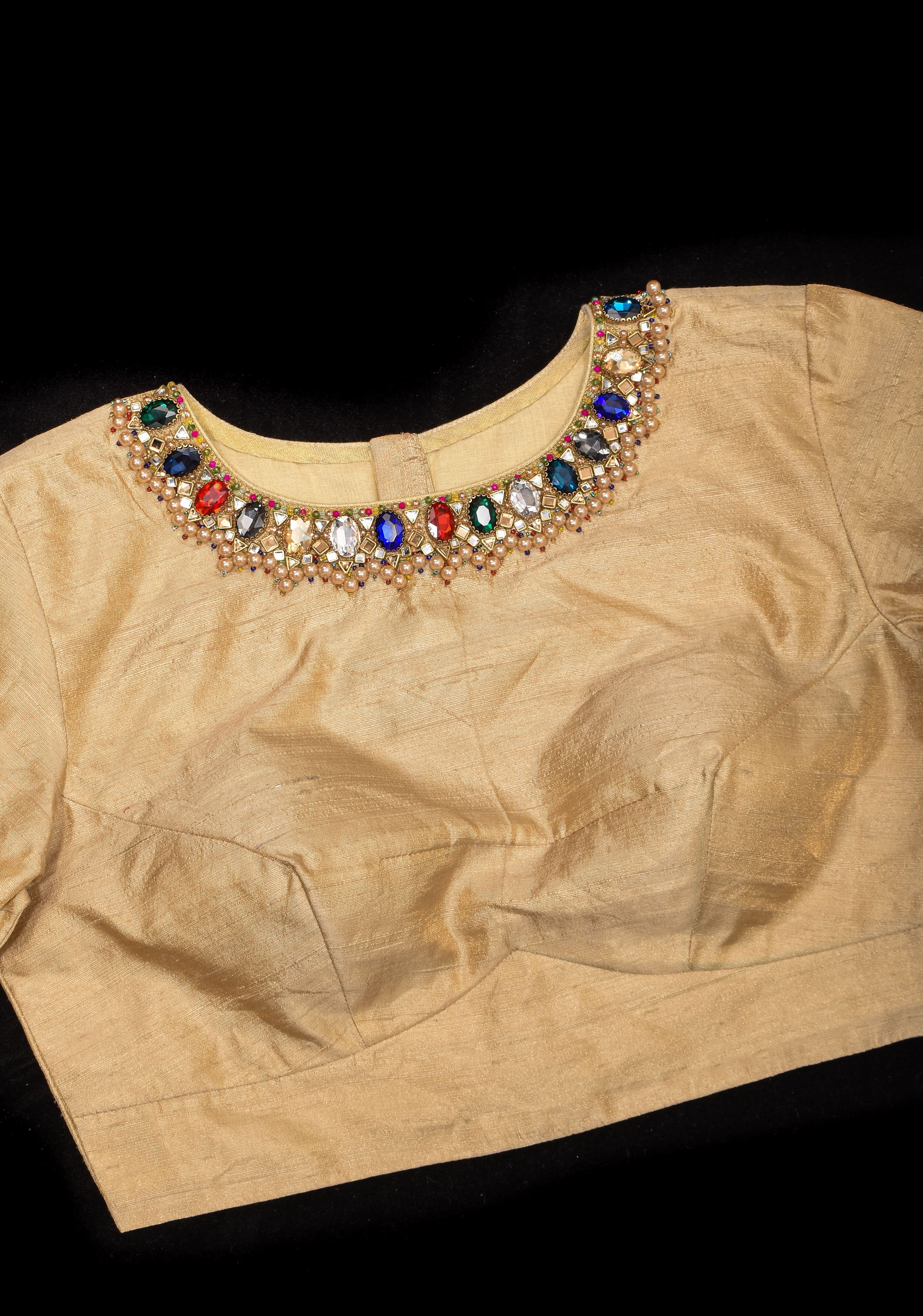 Multicolor Necklace and bajuband handwork detailing on Sandal Pure Tissue Raw Silk Blouse | Shobitam