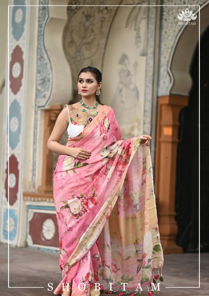 Pink Pure Linen Saree with Floral Digital Print | Shobitam