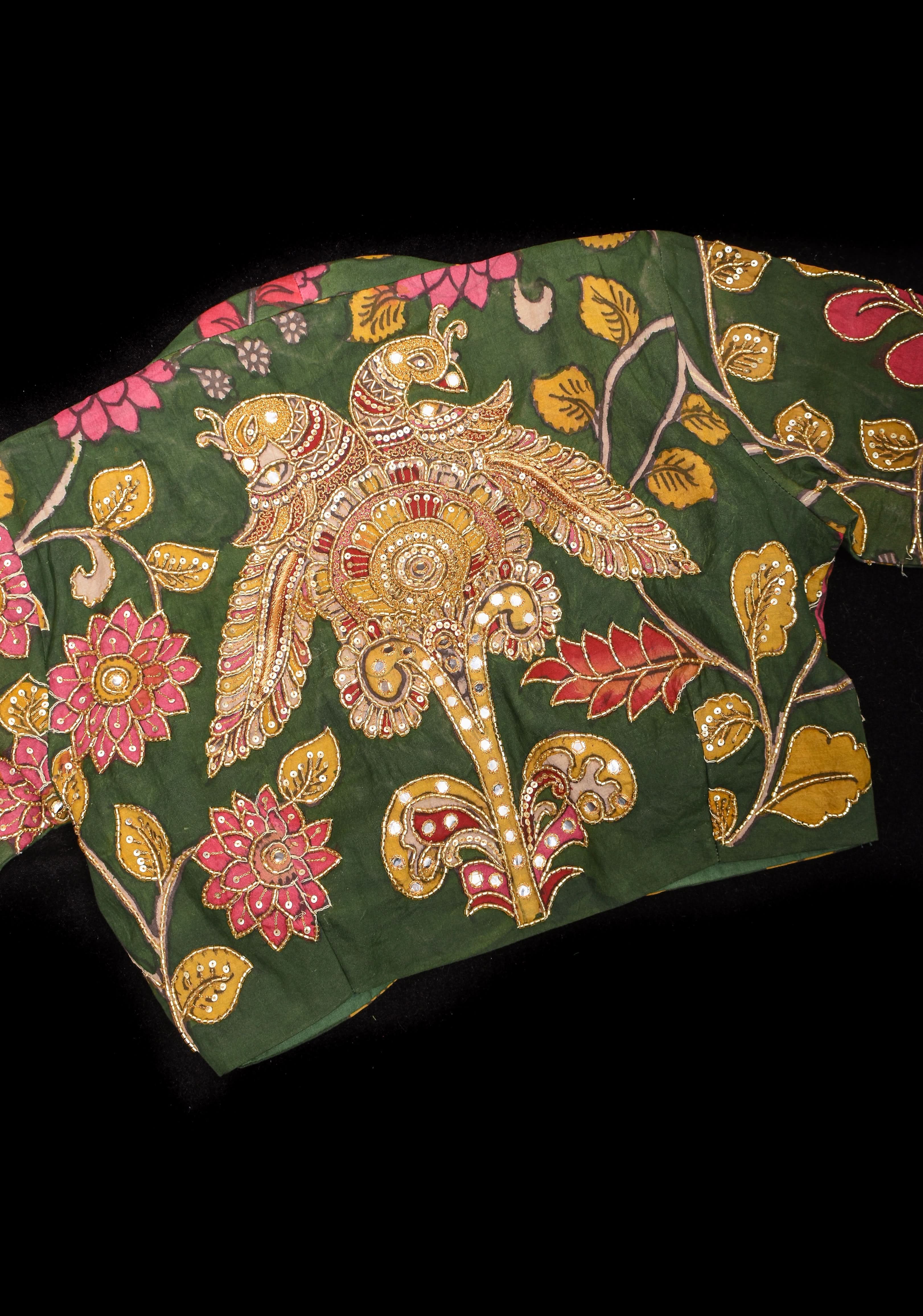 Pure Pen Kalamkari Blouse in olive green with peacock motifs and cutdana sequin hand work | Shobitam