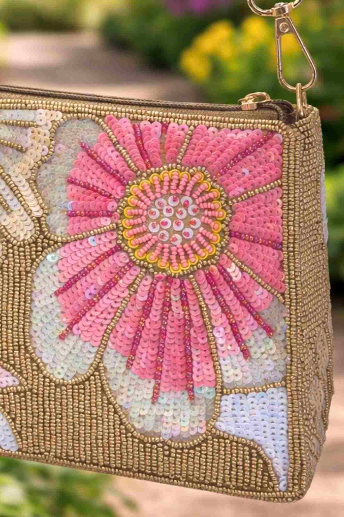 Hand-Beaded Floral Sequin Embroidered Sling Clutch Bag