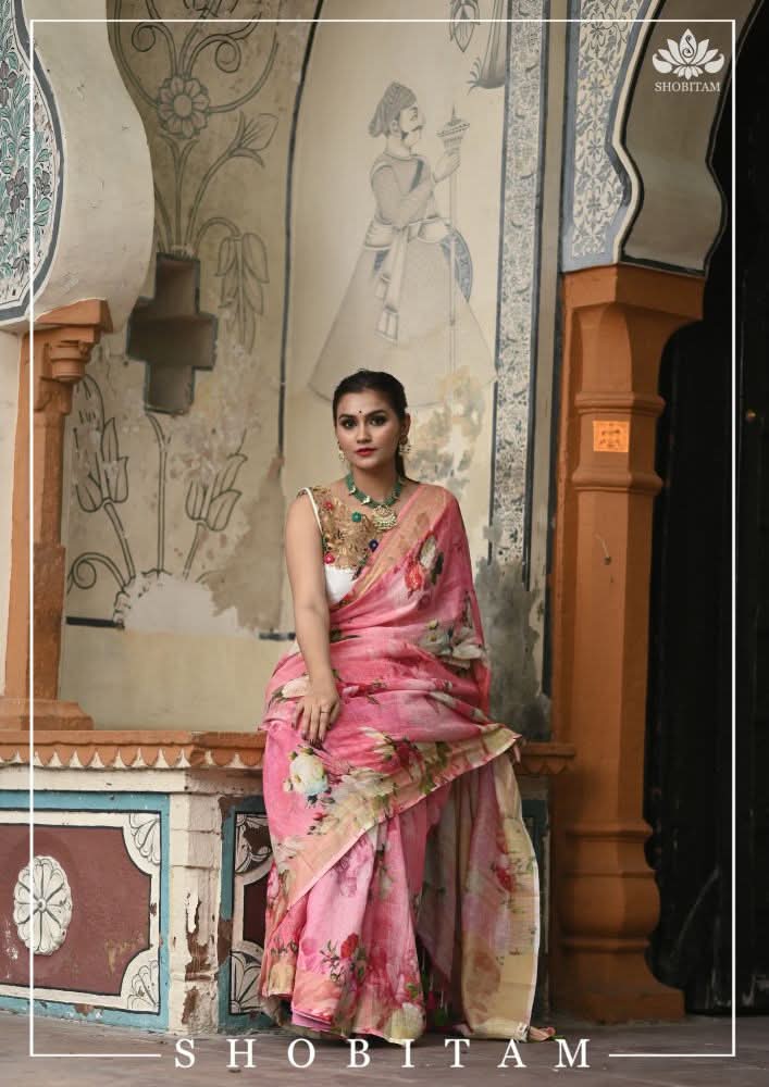 Pink Pure Linen Saree with Floral Digital Print | Shobitam