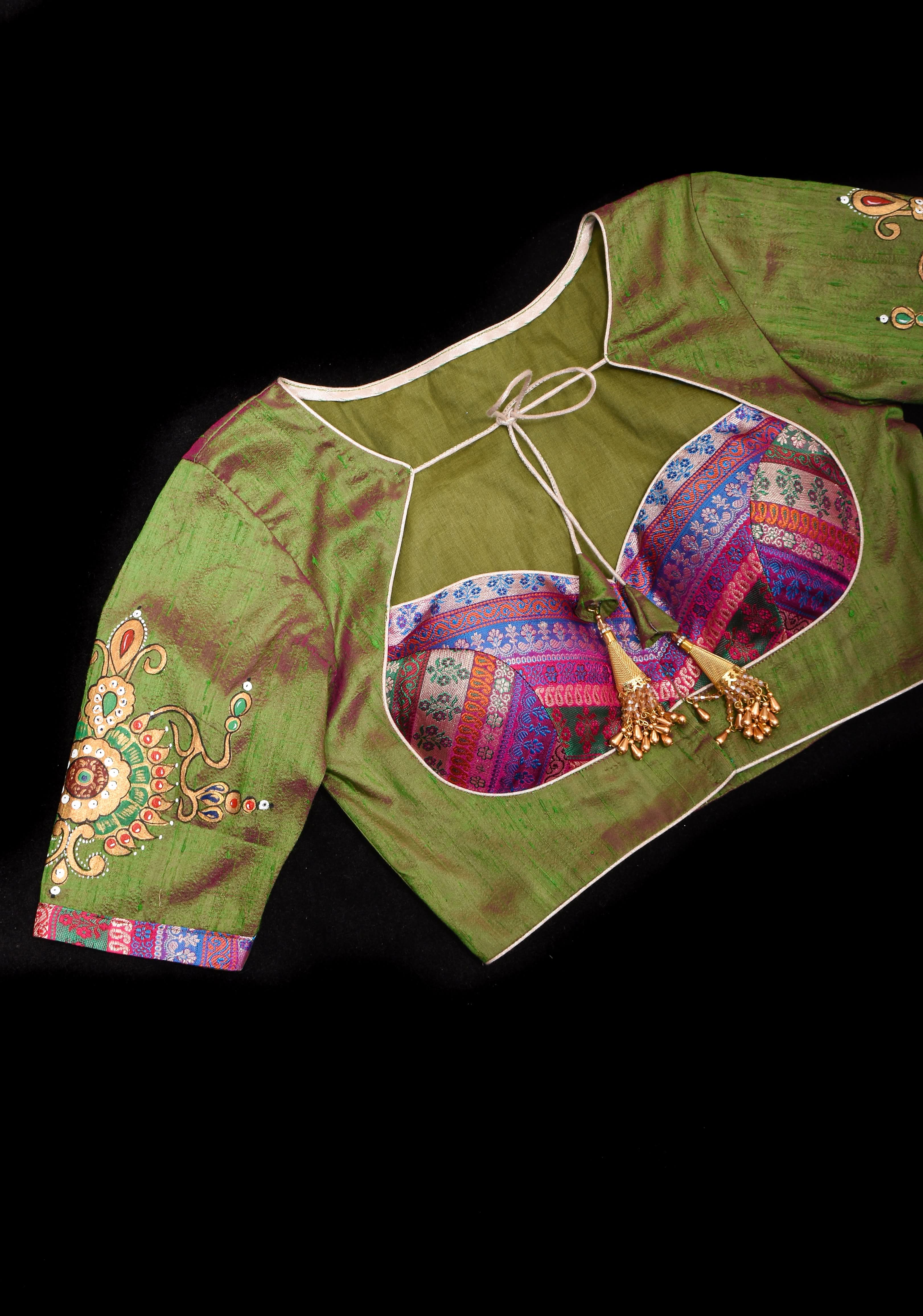 Nizam Jewelry Handpainted Blouse in Green pink Pure Raw silk with multicolor brocade bustier detailing | Shobitam