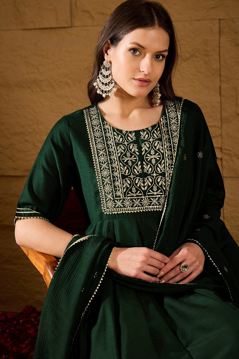 Green Silk Blend Embroidered Anarkali Suit Set | SHOBITAM