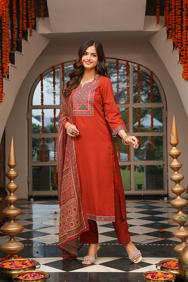 Brown Cotton Blend Ajrakh Printed Straight Kurta Trousers With Dupatta | SHOBITAM