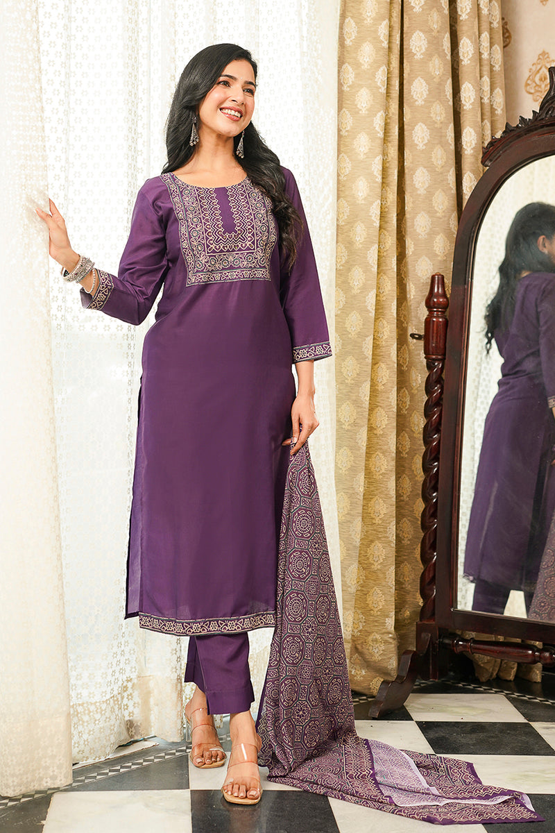 Purple Cotton Blend Ajrakh Printed Straight Kurta Trousers With Dupatta | SHOBITAM