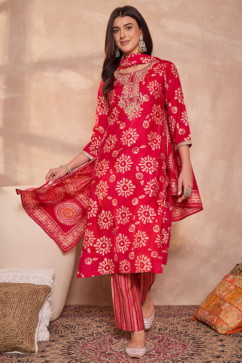 Pink Rayon Blend Floral Printed Straight Kurta Trouser With Dupatta | SHOBITAM