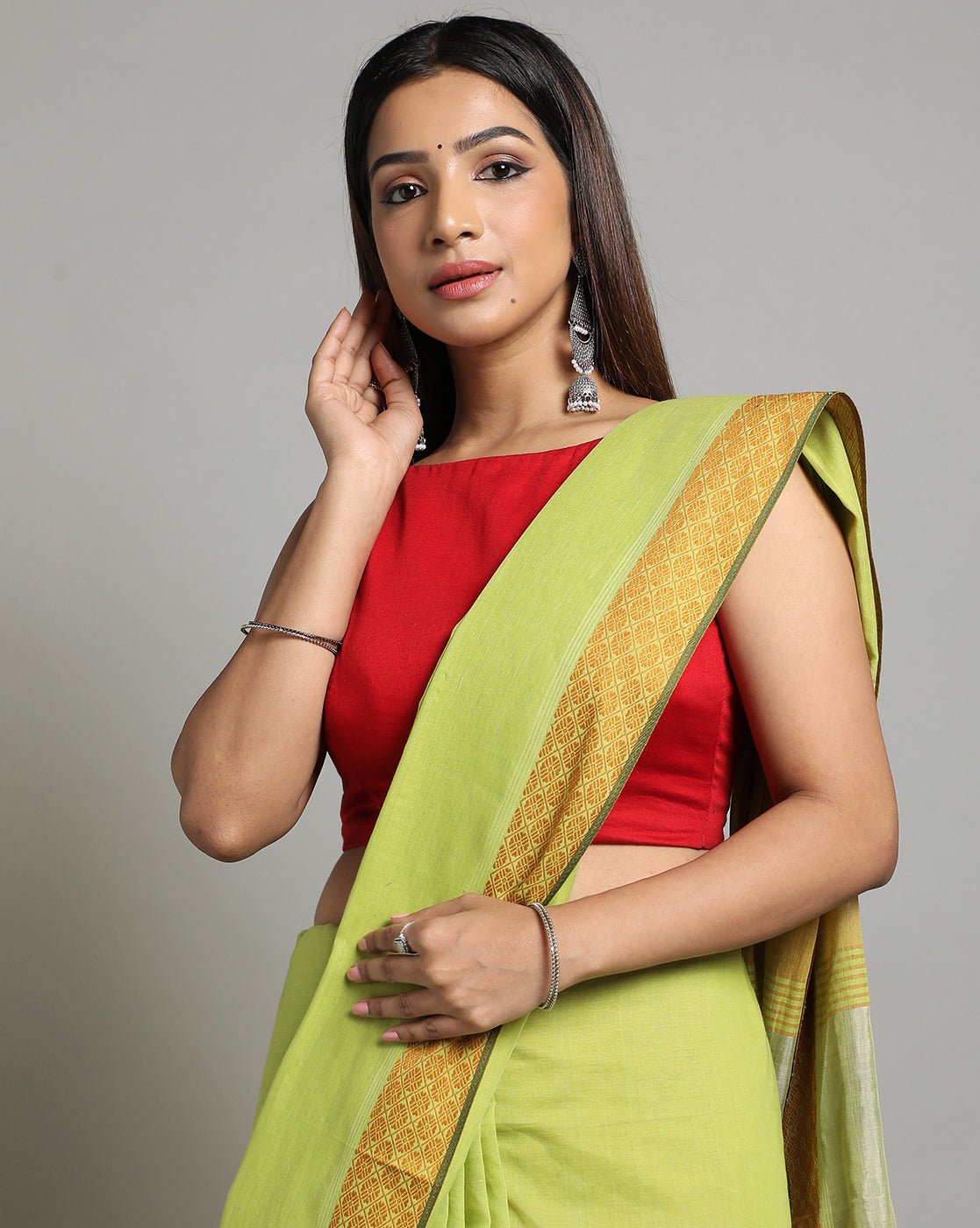 Lime green Golden Jacquard Cotton Saree | Shobitam
