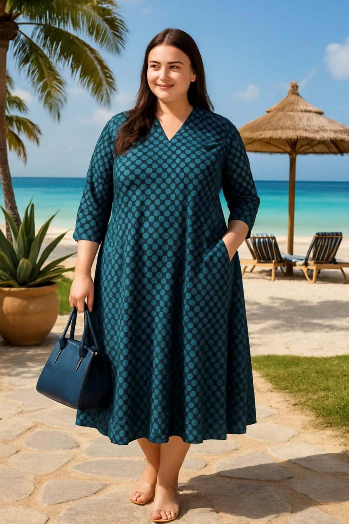 Plus Size Navy & Teal Polka Print Cotton Midi Dress | Made to Order