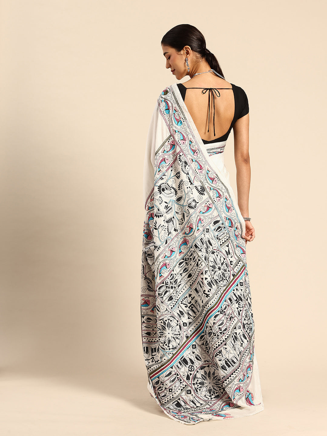 Handloom White Silk Kantha Saree with Blouse piece | SHOBITAM