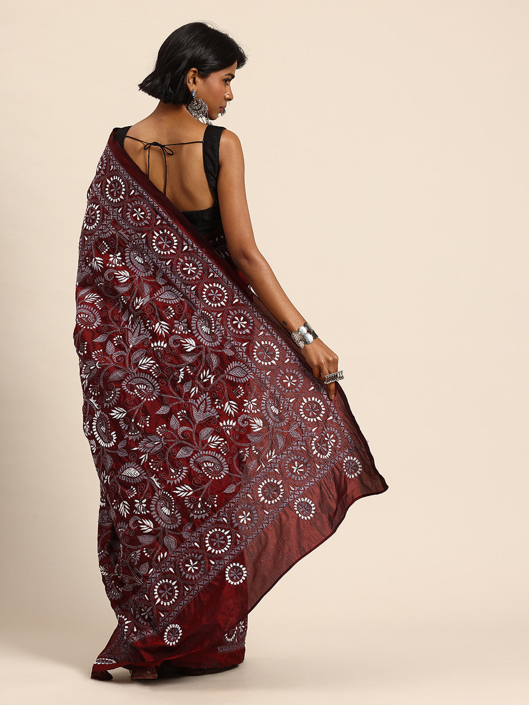 Maroon Grey Silk Kantha Saree with Blouse piece | SHOBITAM