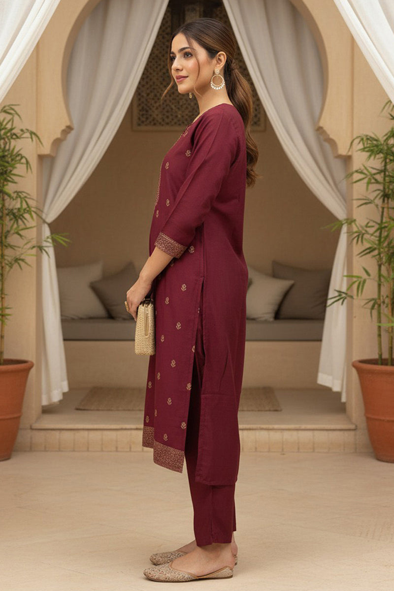 Maroon Silk Blend Ethnic Motifs Stoning Straight Kurta Trouser with Dupatta | SHOBITAM
