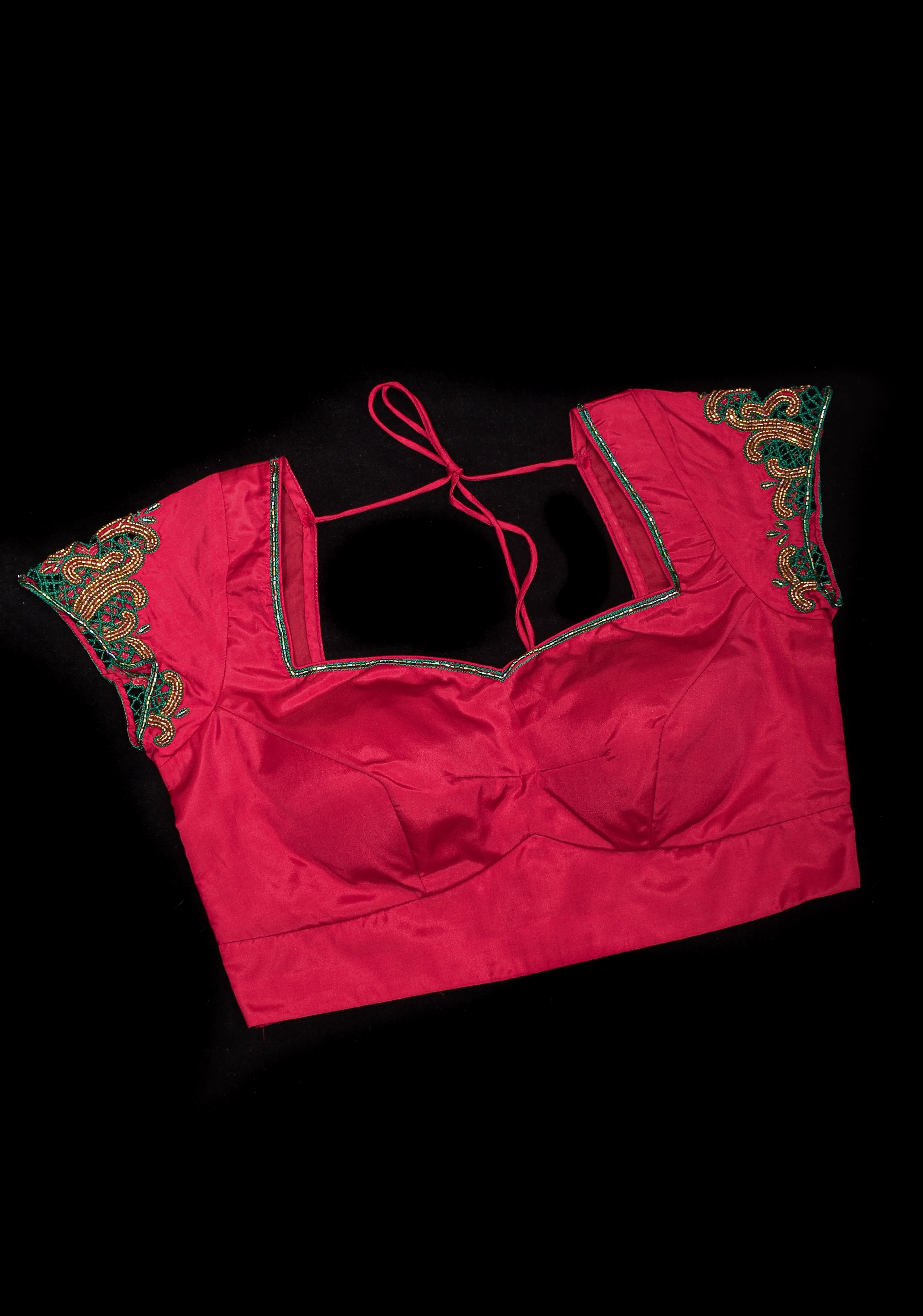 Silk Blouse with hand cutwork on cap sleeves and cutdana detailing, colors customizable | Shobitam