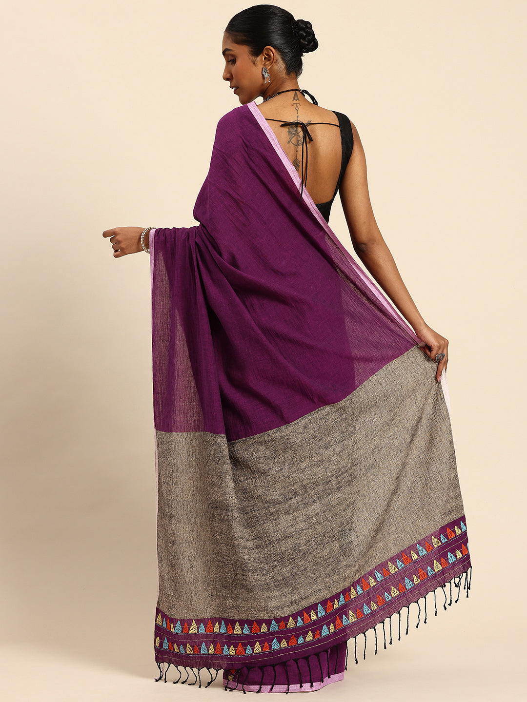 Handloom Purple Ghicha Pallu Kantha Stitch Saree with Blouse piece | SHOBITAM