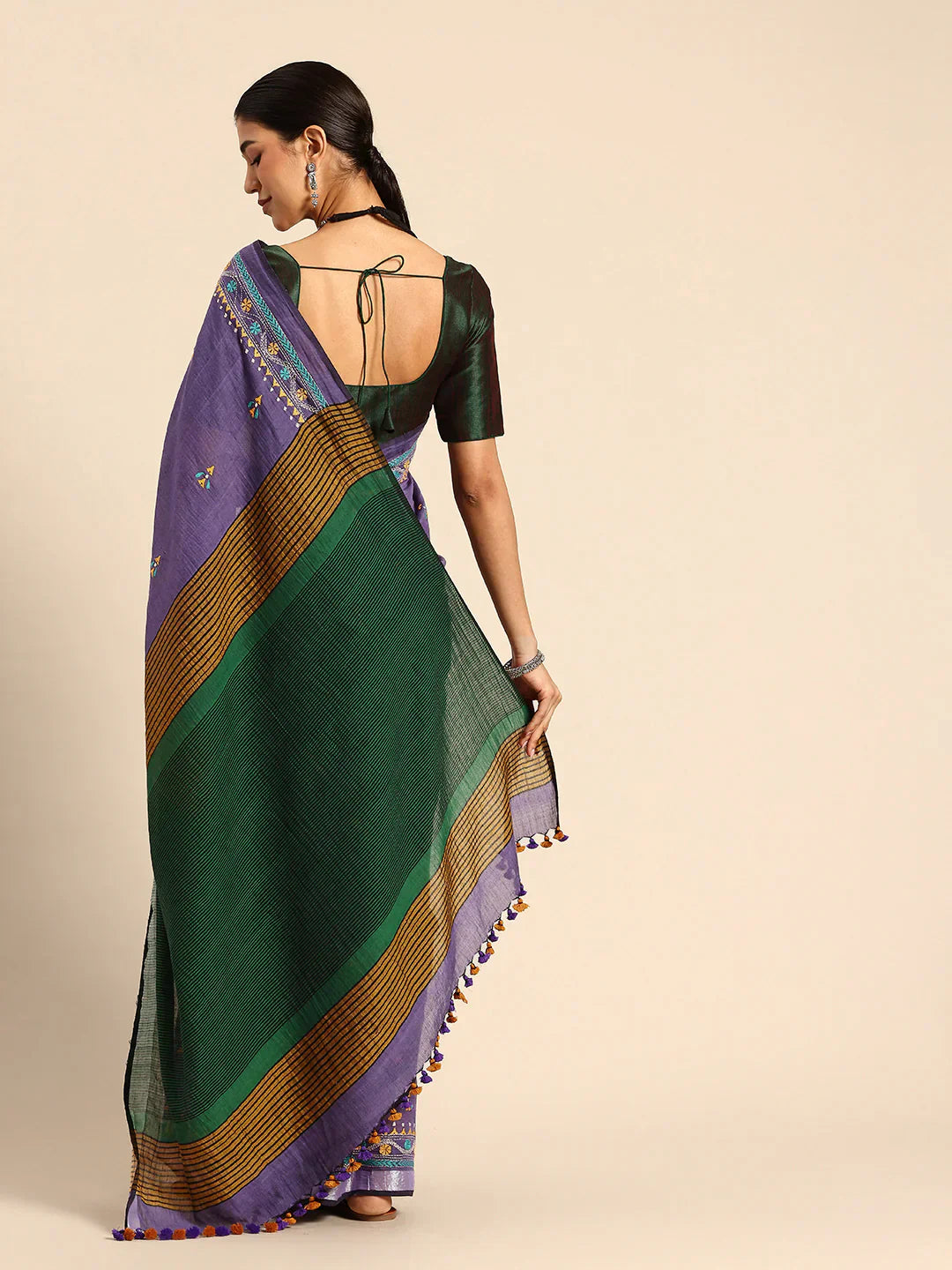 Violet Handloom Cotton Saree with Kantha Embroidery