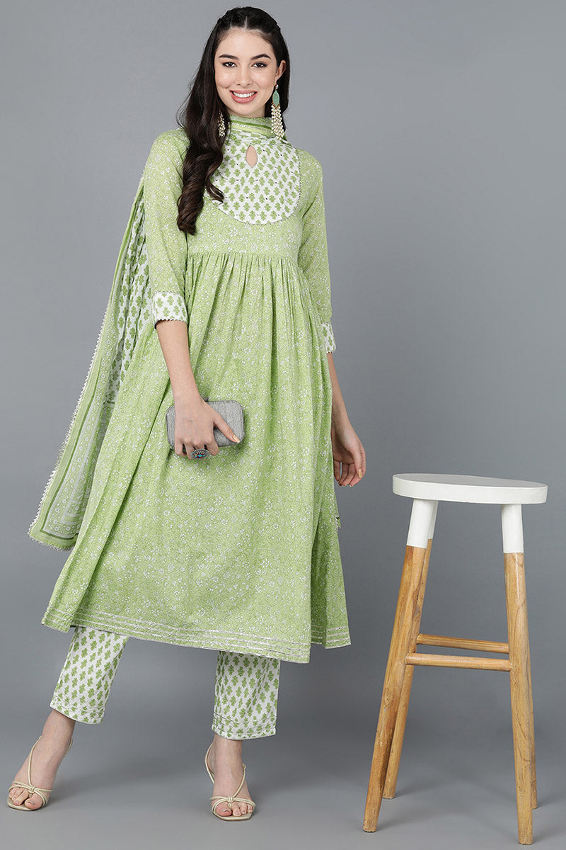 Light Green Cotton Flared Kurta Pant With Dupatta | SHOBITAM
