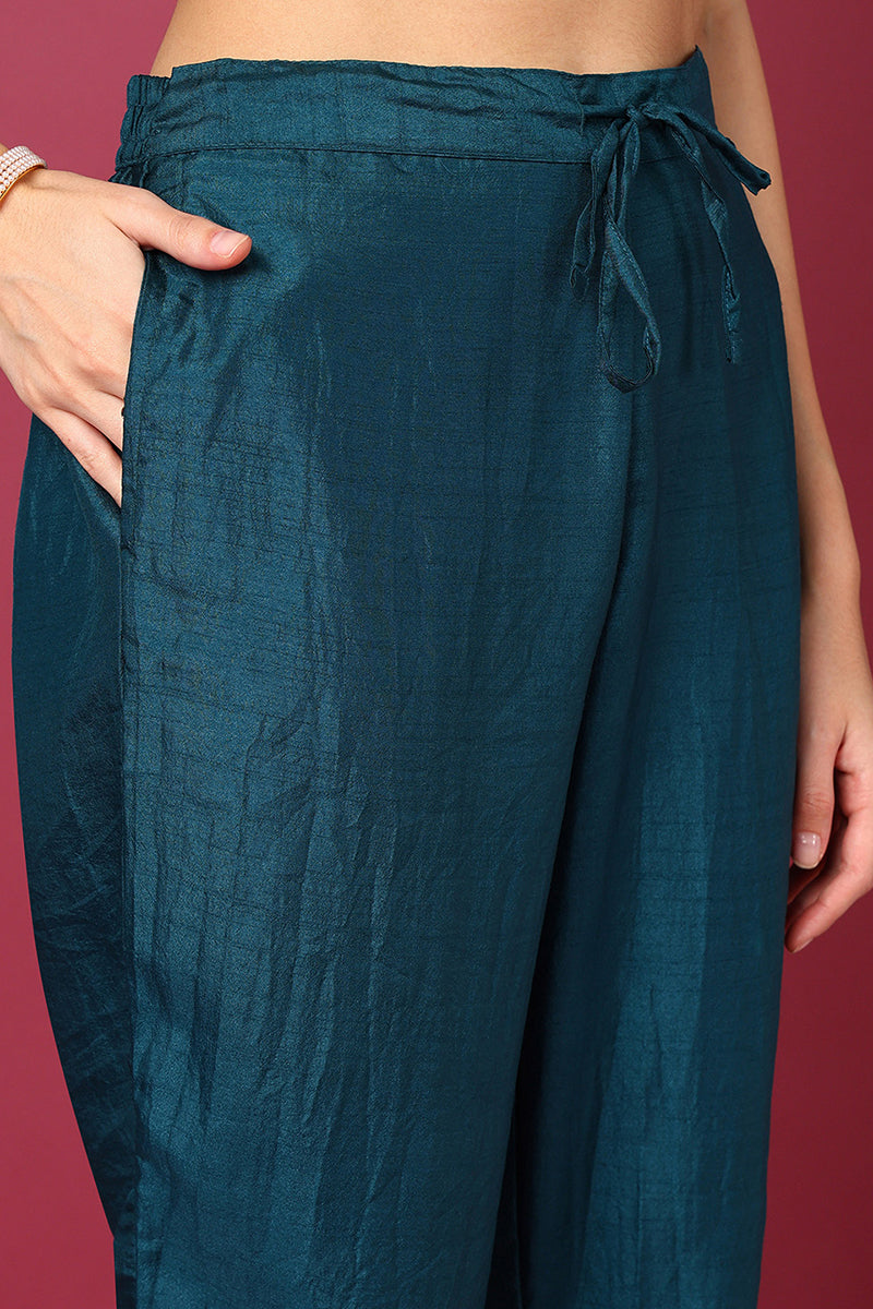 Teal Silk Blend Ethnic Motifs Woven Design Straight Suit Set | SHOBITAM